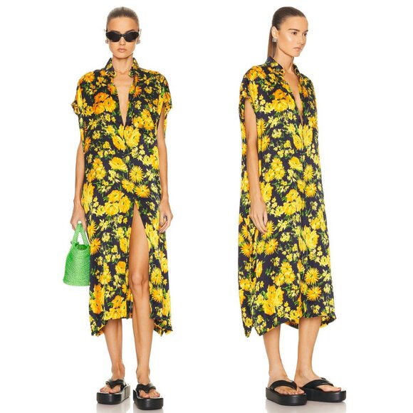 NWT Balenciaga Silk Satin Midi Dress Yellow Floral Print Allover Raw Hem Sleeves - Picture 1 of 16